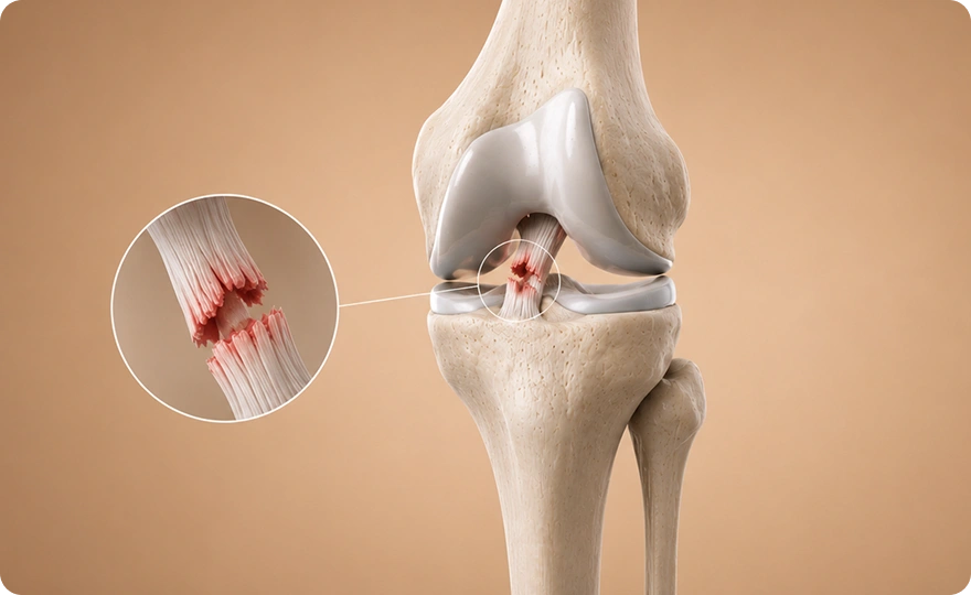 Knee ligament injury illustration showing damaged knee joint structure